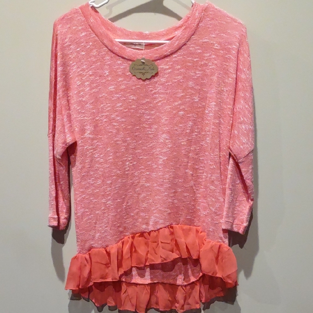 Pink Coral Ruffle Hem Top Blouse, Nwt